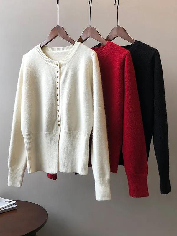 Elegant Long Sleeves Solid Color Round-Neck Cardigan Tops