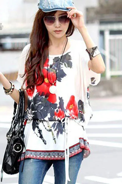 Floral Print Trendy White Top