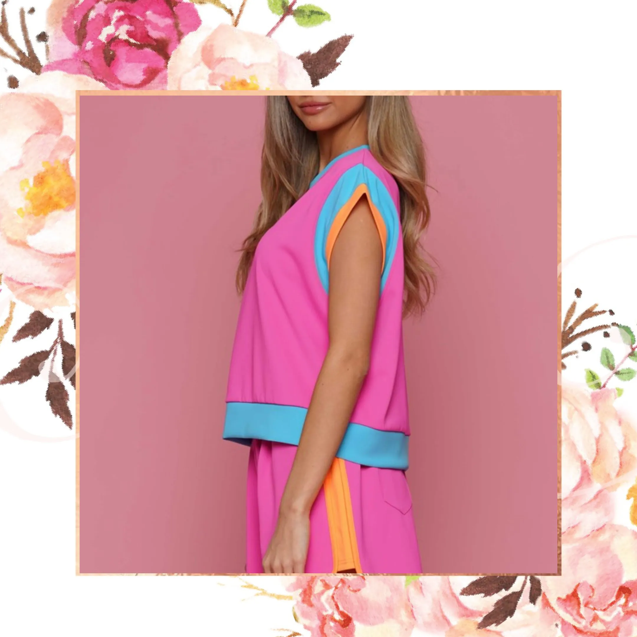 Fuchsia/Multi Colorblock Top