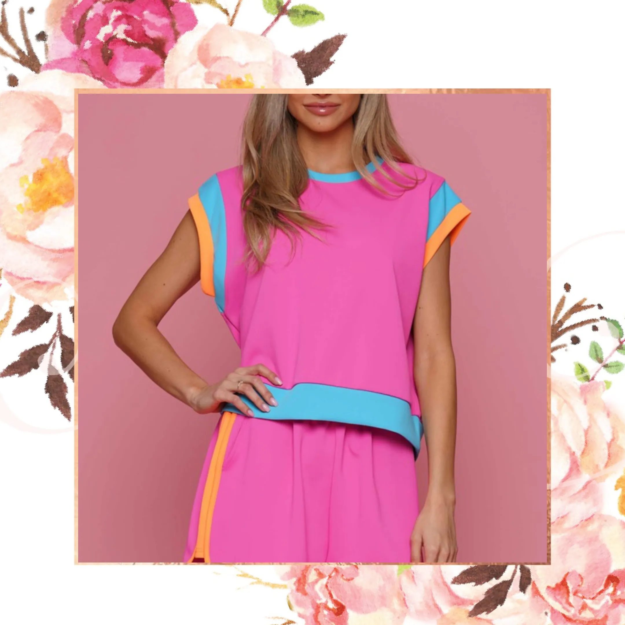 Fuchsia/Multi Colorblock Top