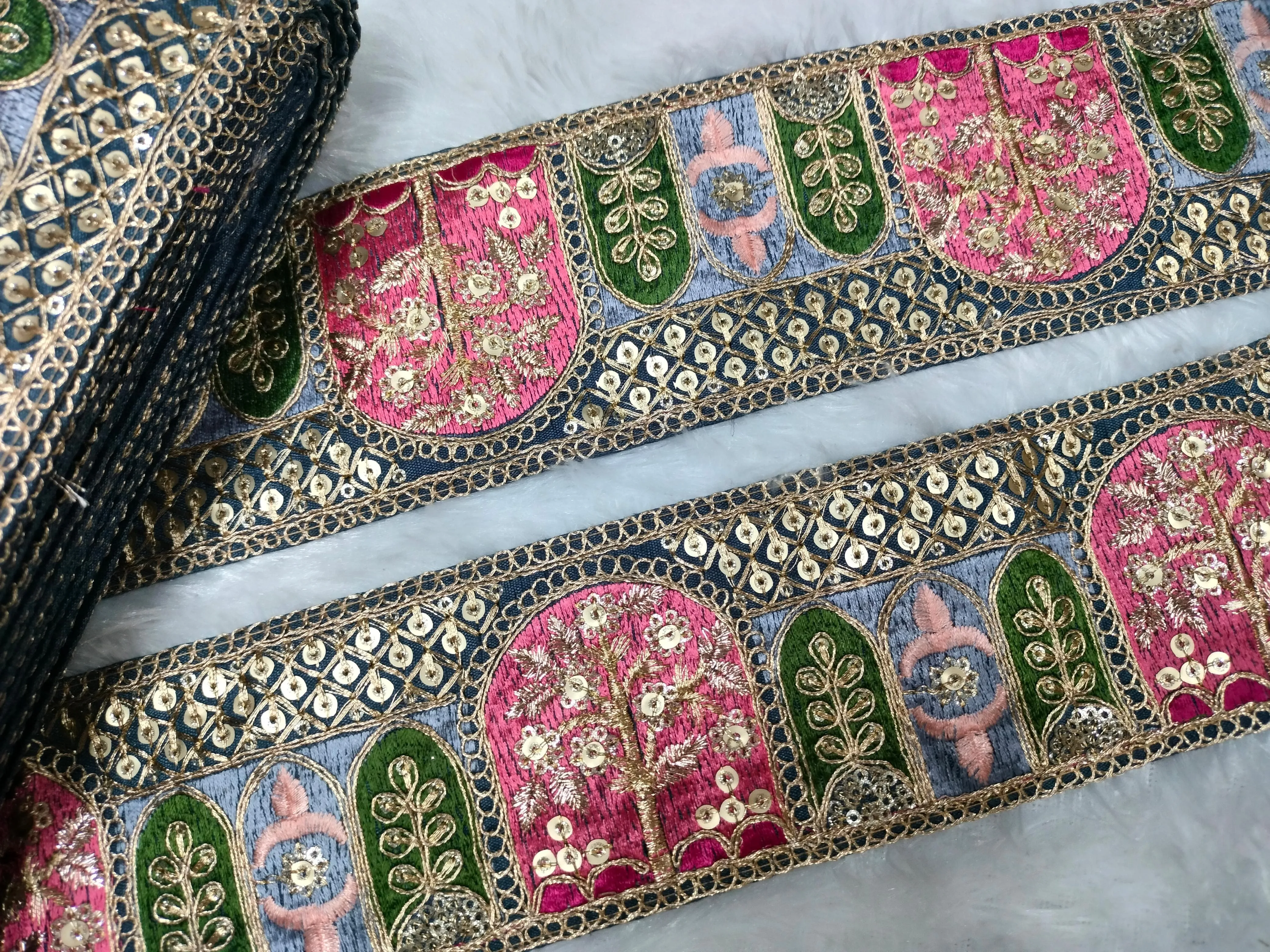 Grey & Pink Traditional Fancy Embellished Trim