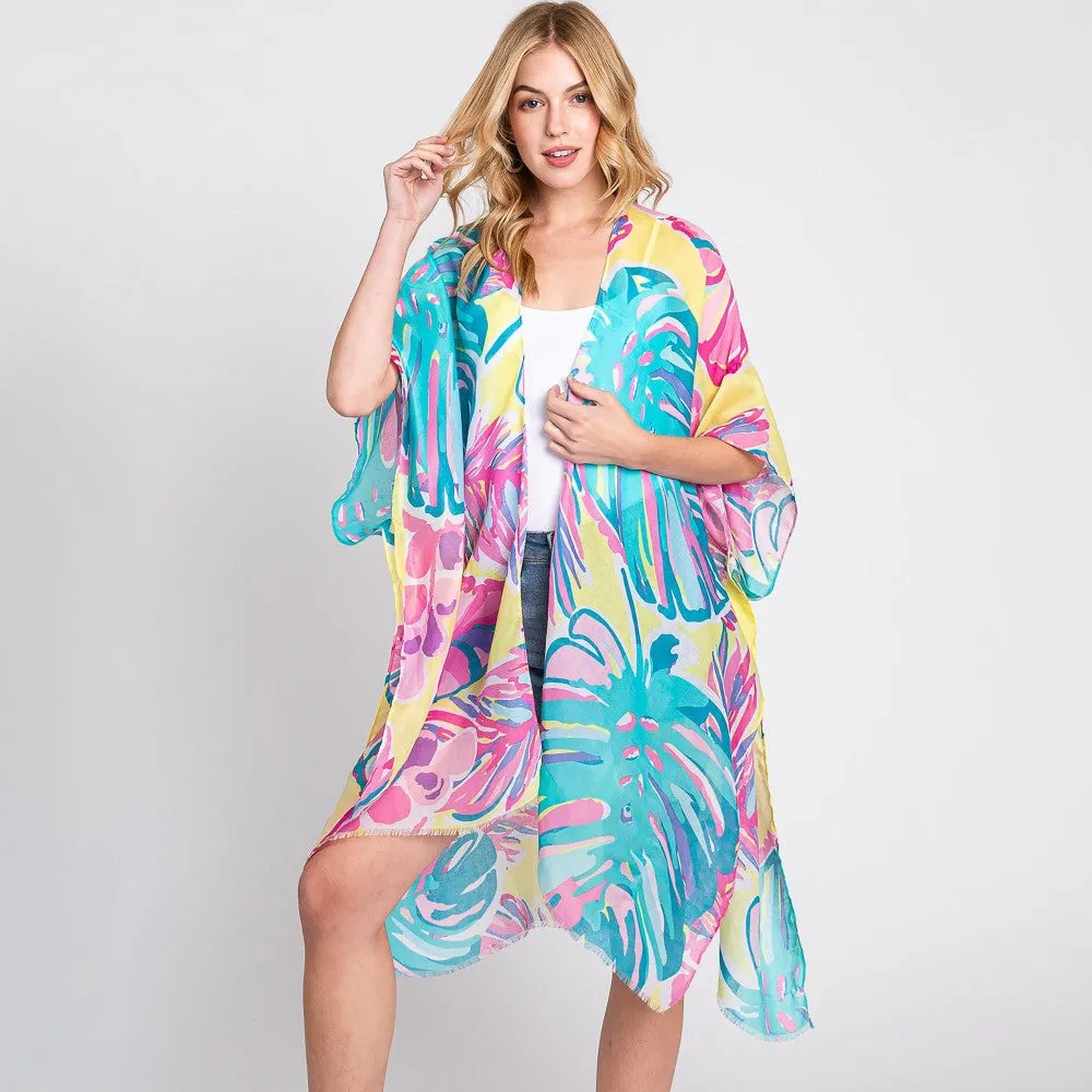 Hand Drawn Oversized Tropical Leaves Print Kimono