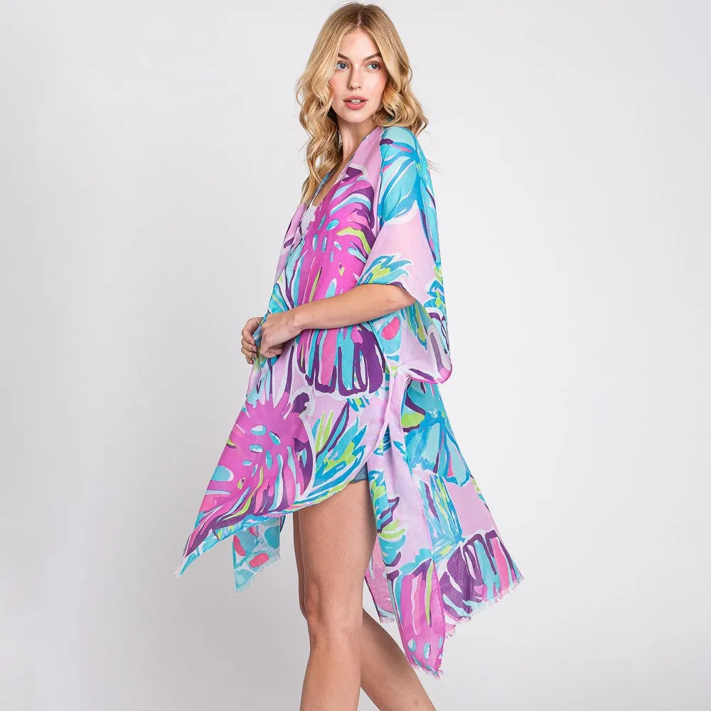 Hand Drawn Oversized Tropical Leaves Print Kimono