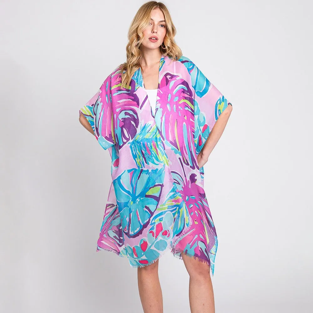 Hand Drawn Oversized Tropical Leaves Print Kimono