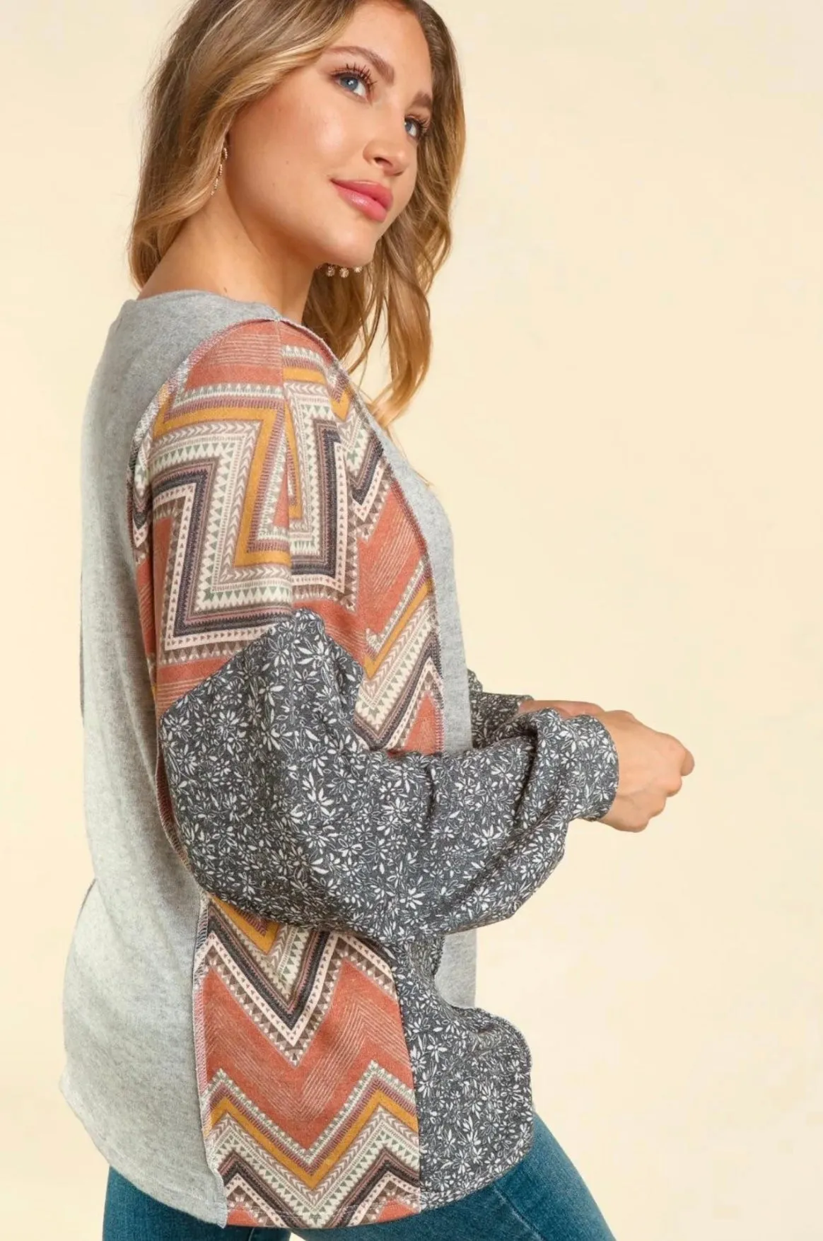 Heather Gray Chevron Sleeve Hacci Top