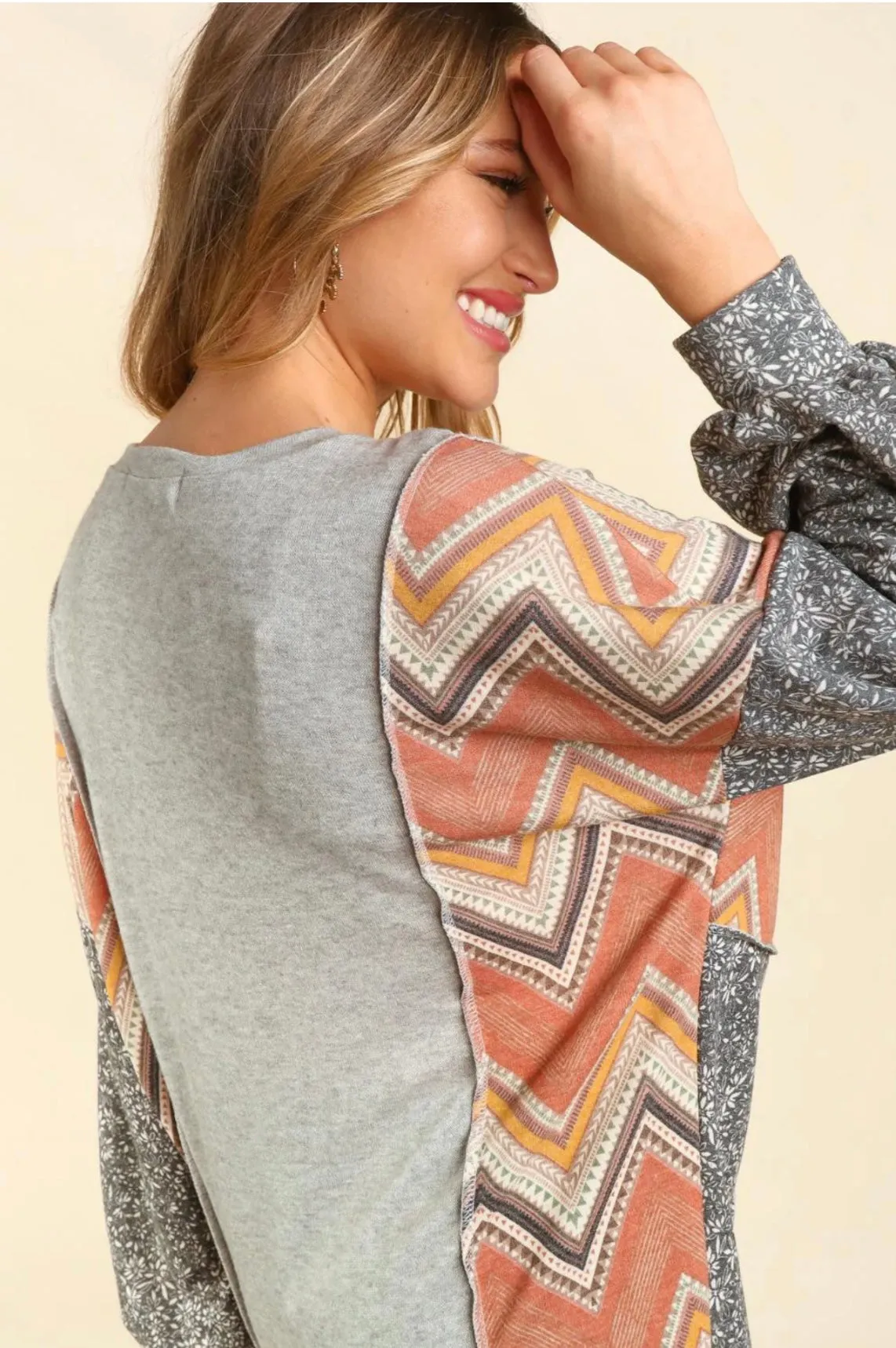 Heather Gray Chevron Sleeve Hacci Top