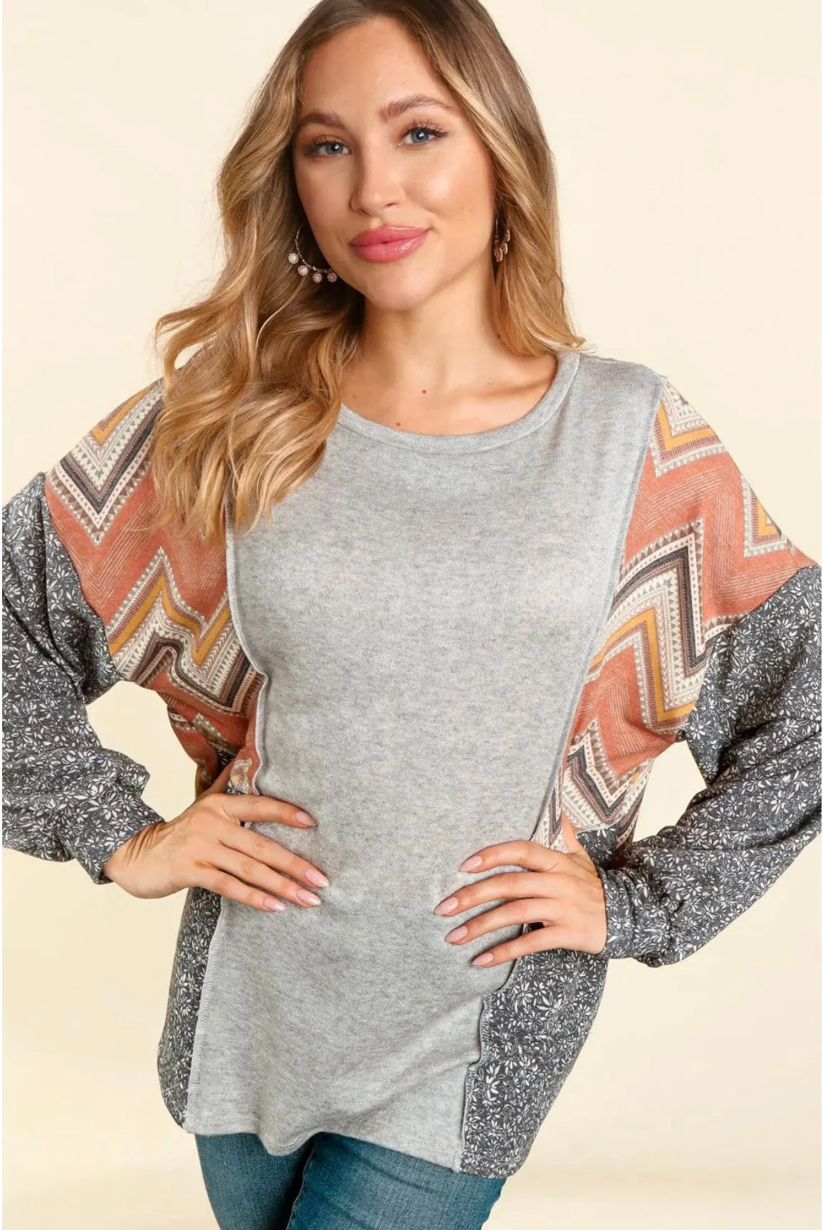 Heather Gray Chevron Sleeve Hacci Top