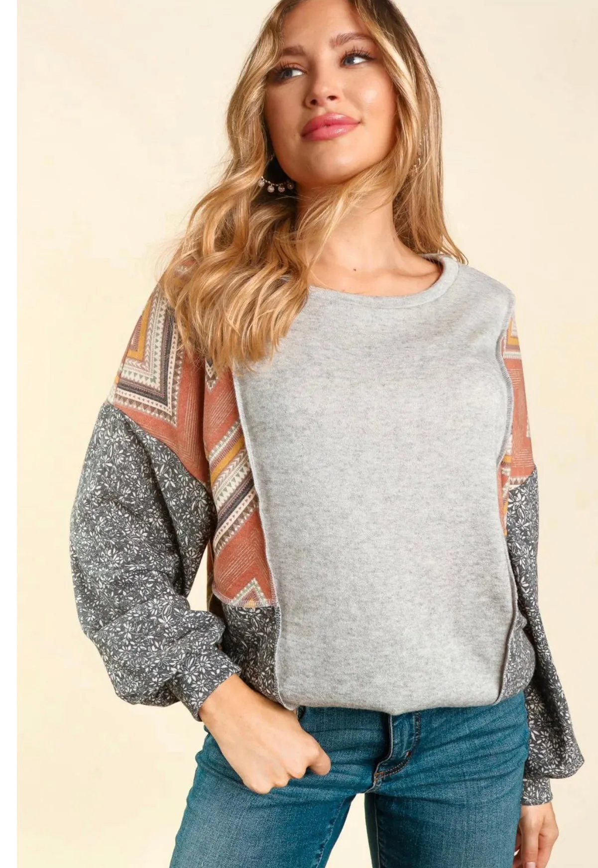 Heather Gray Chevron Sleeve Hacci Top