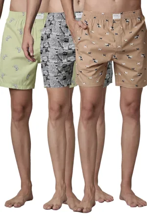 Lawrel-Green,Midnight-Black & Leather-Brown Printed 365 Boxers Triplet Combo