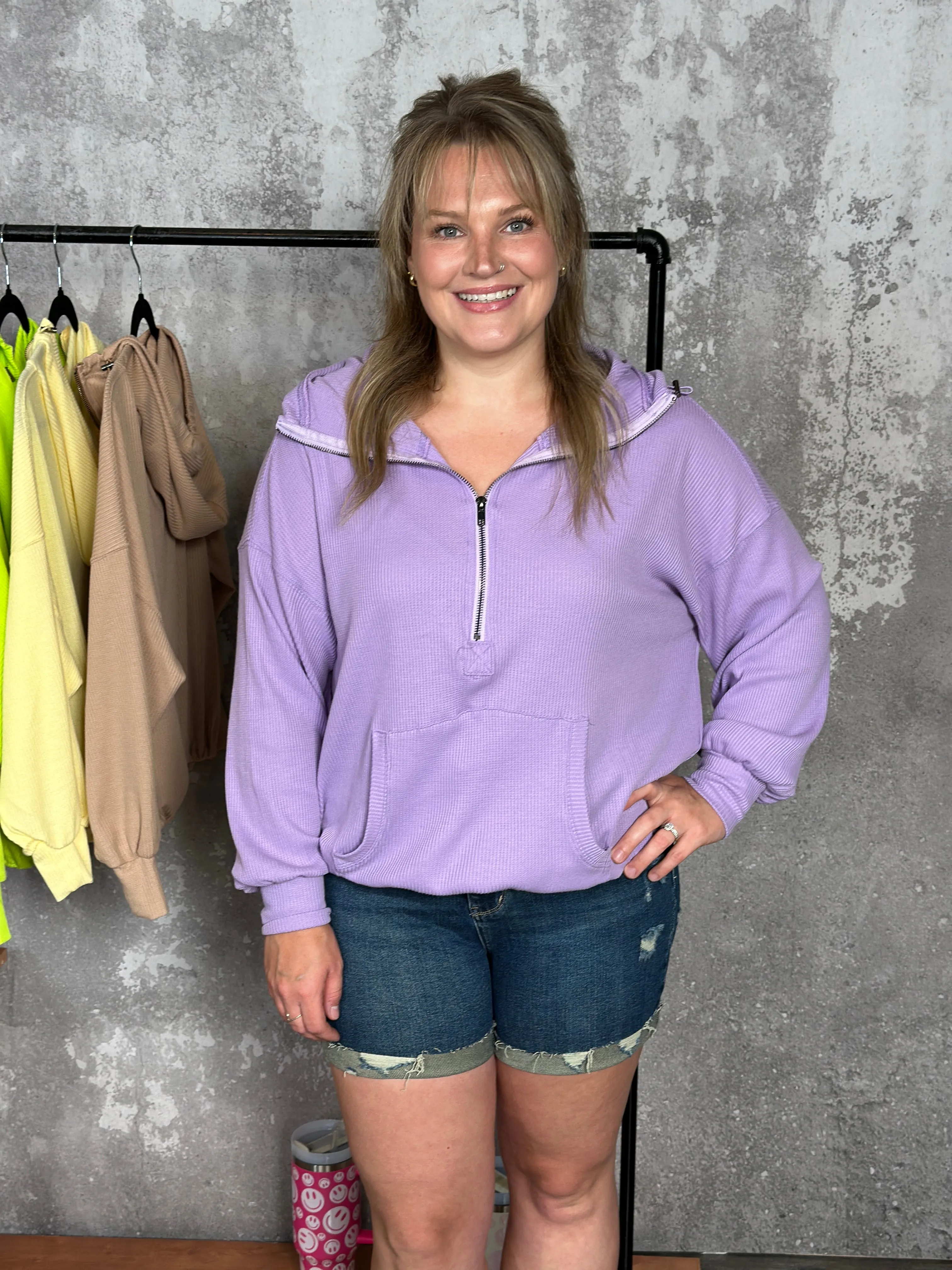 Lightweight Waffle Bomber Sweatshirt with Hood - Lavender - FINAL SALE