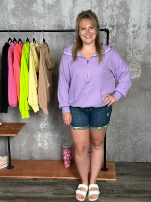 Lightweight Waffle Bomber Sweatshirt with Hood - Lavender - FINAL SALE