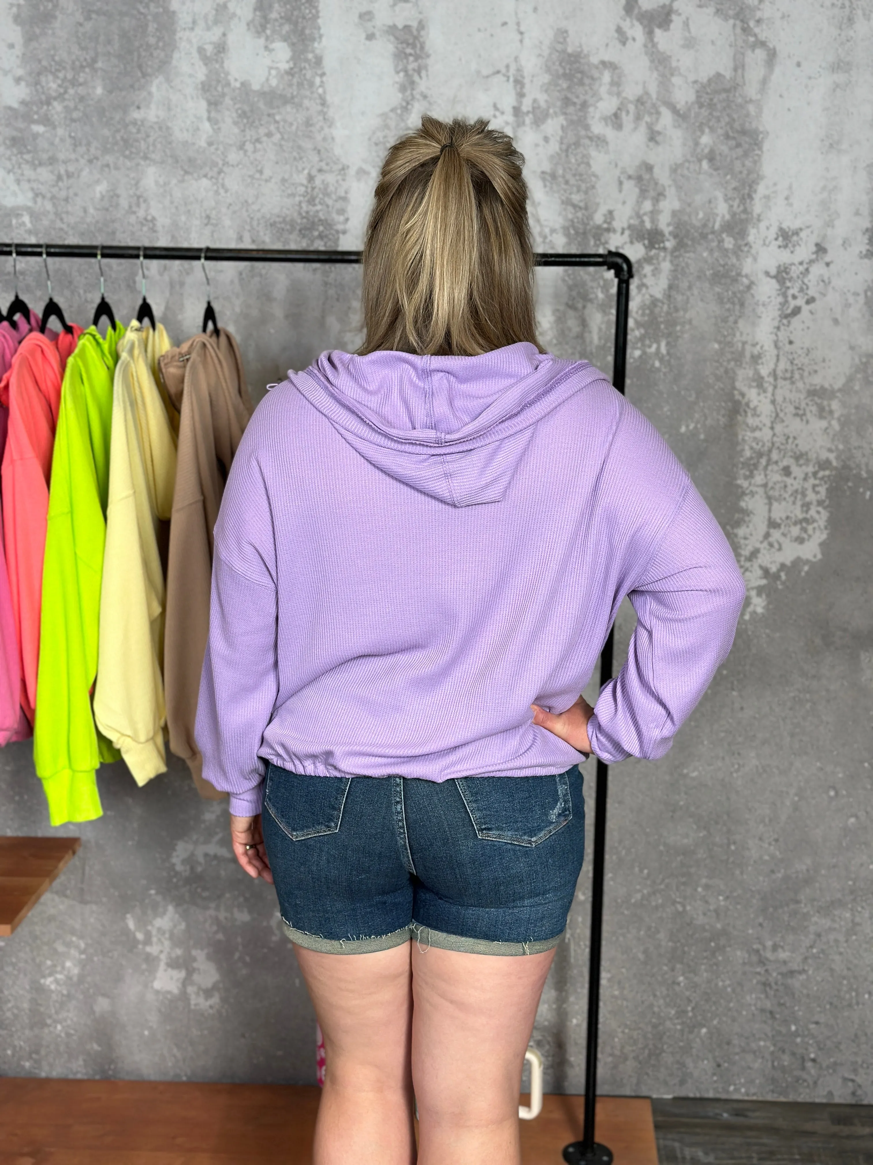Lightweight Waffle Bomber Sweatshirt with Hood - Lavender - FINAL SALE