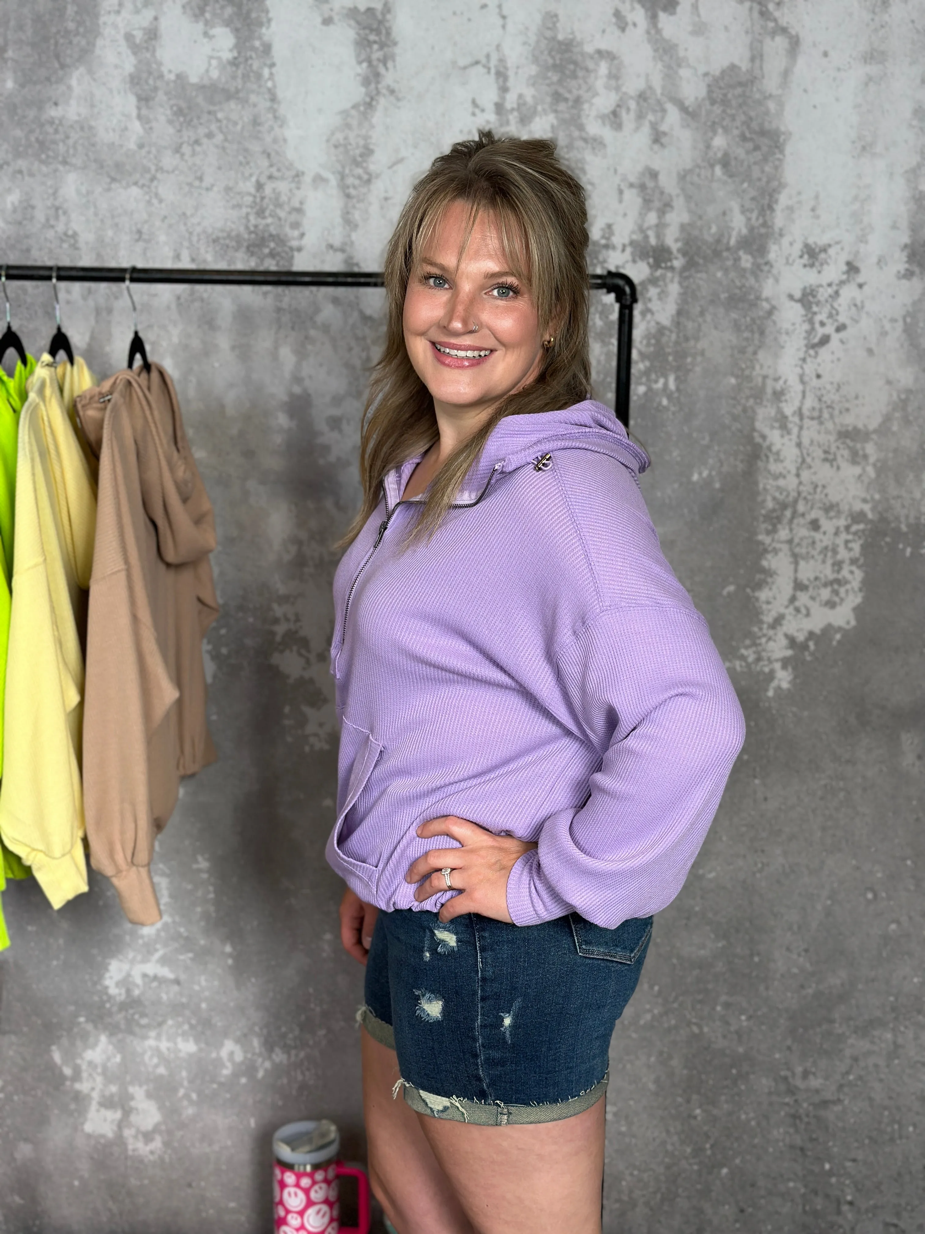 Lightweight Waffle Bomber Sweatshirt with Hood - Lavender - FINAL SALE