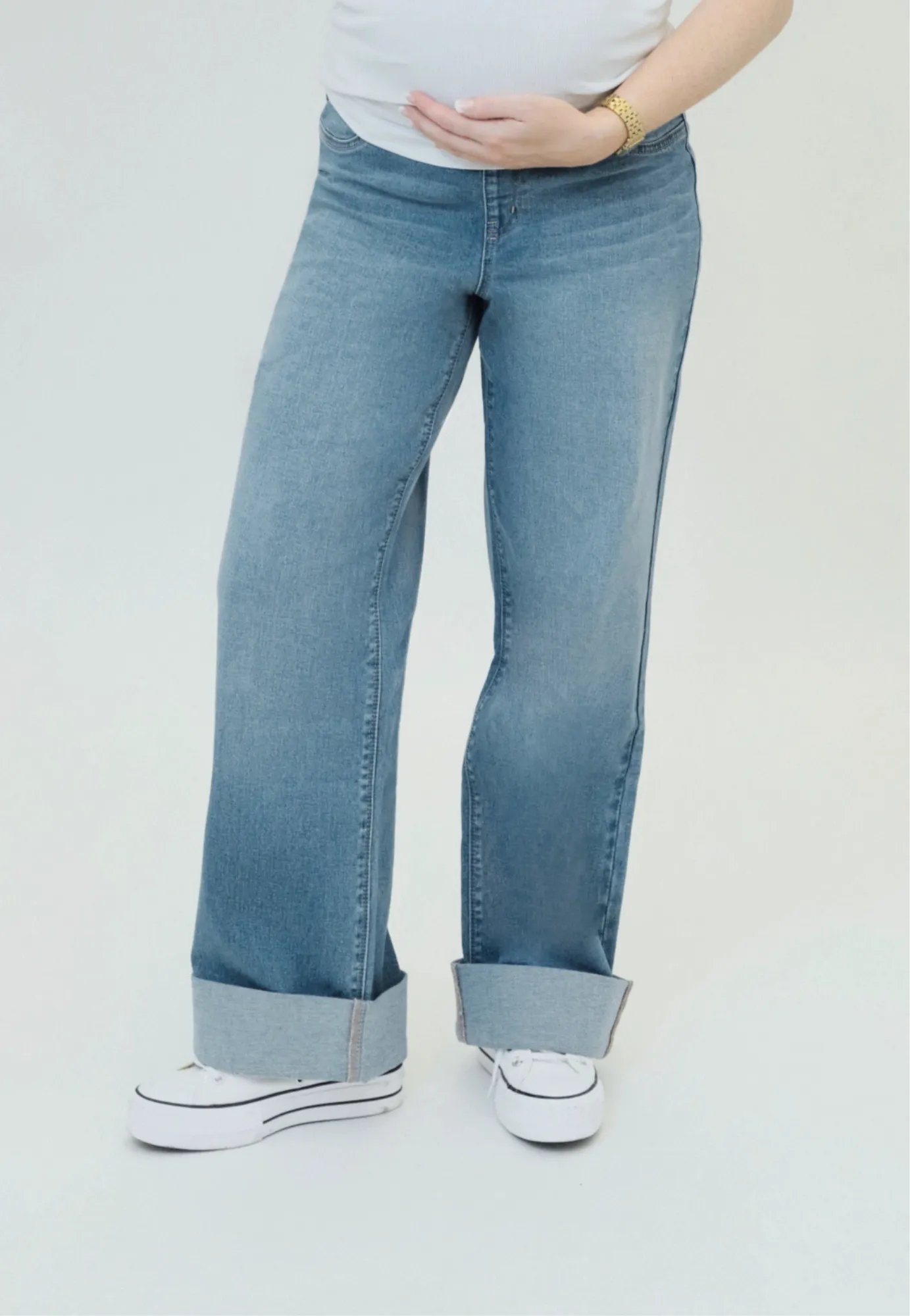 Maternity Roll Cuff Wide Leg Jean w/ Bellyband in Willa