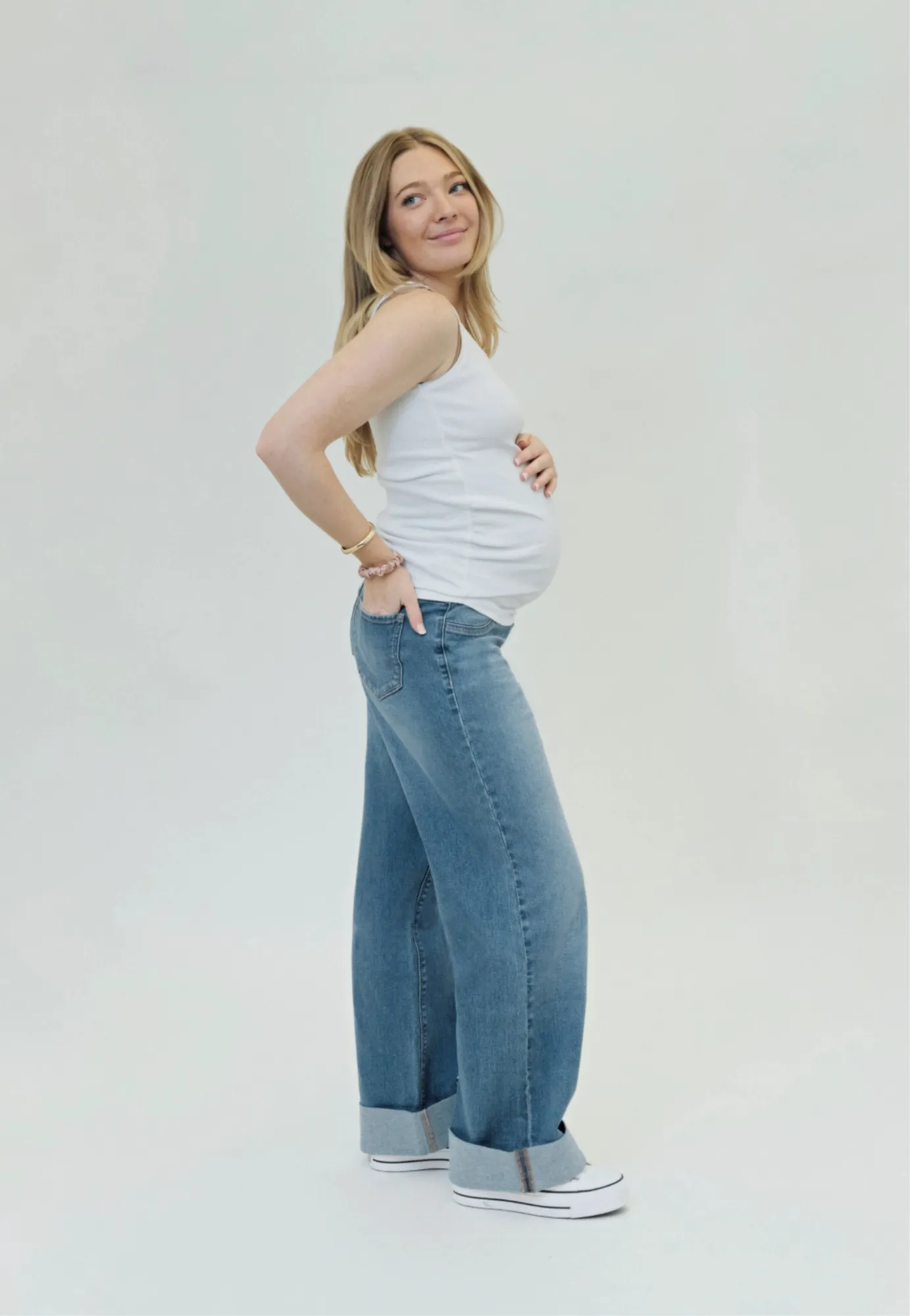 Maternity Roll Cuff Wide Leg Jean w/ Bellyband in Willa