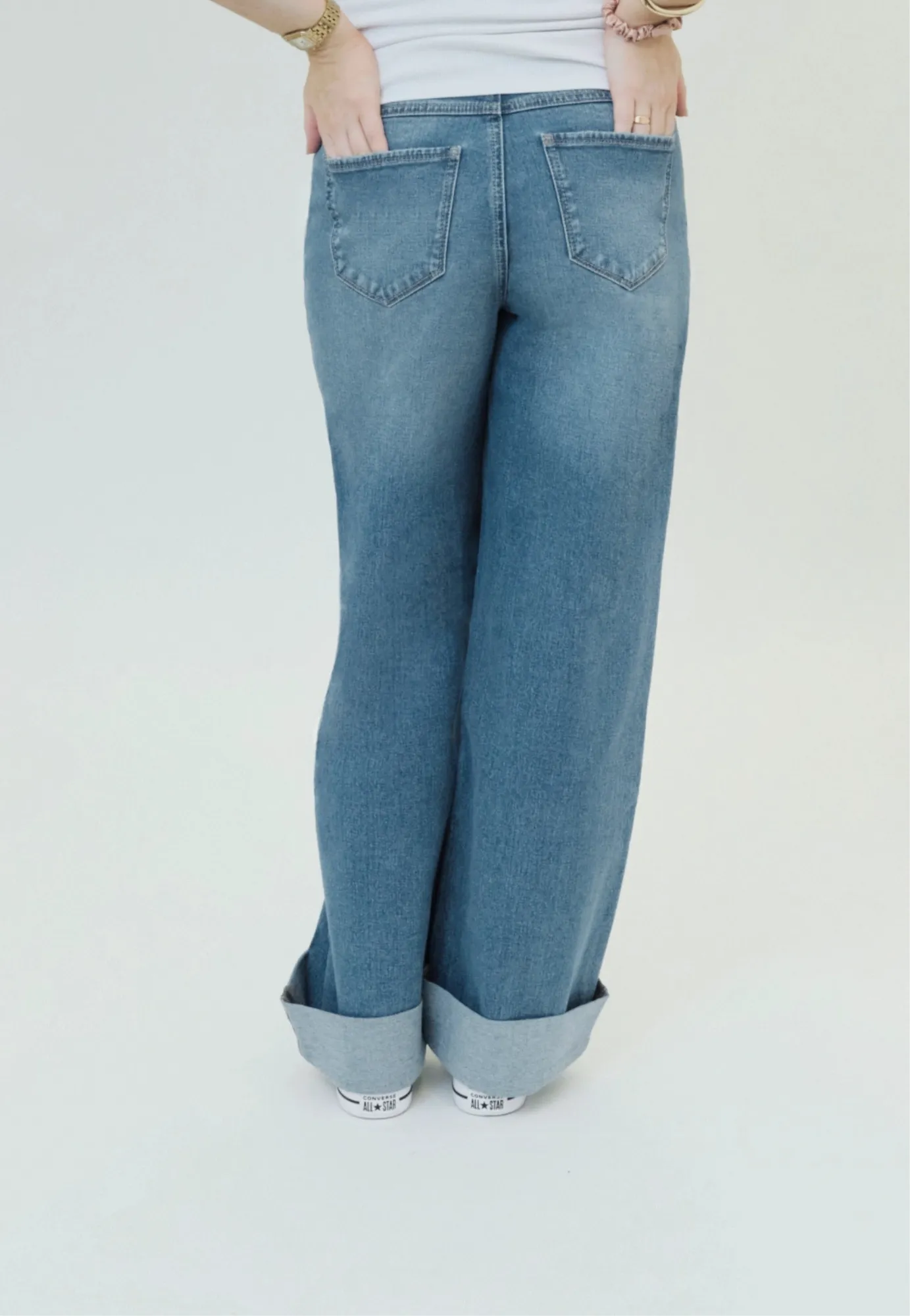 Maternity Roll Cuff Wide Leg Jean w/ Bellyband in Willa
