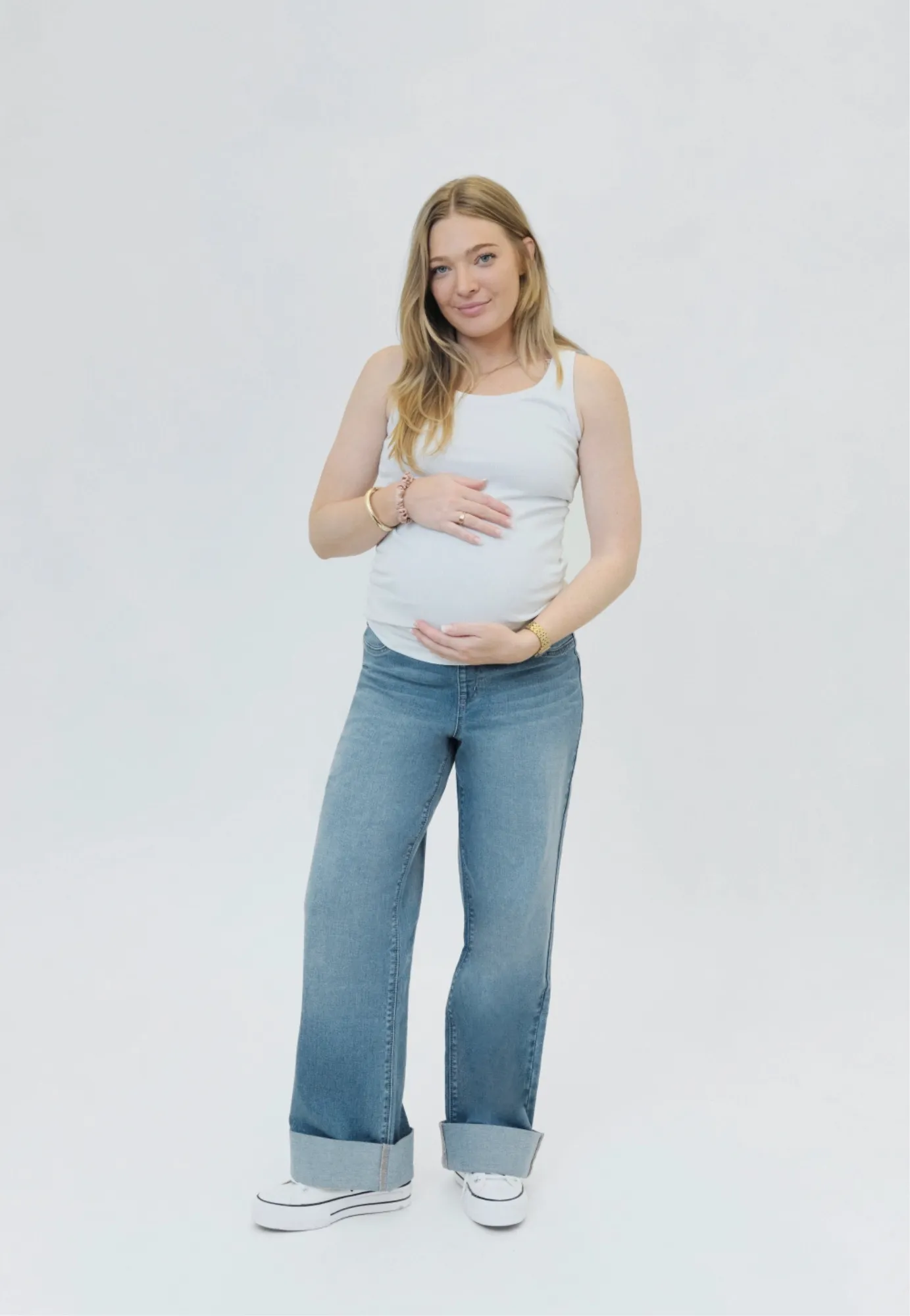 Maternity Roll Cuff Wide Leg Jean w/ Bellyband in Willa