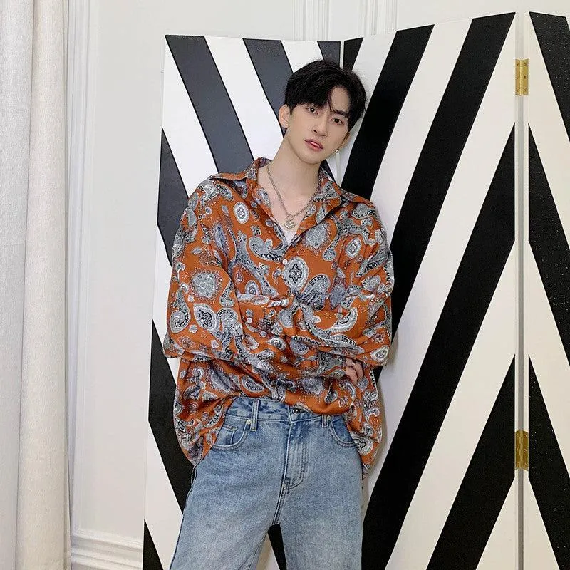 Men's Totem Printing Trend Thin Shirts Slippery Tops