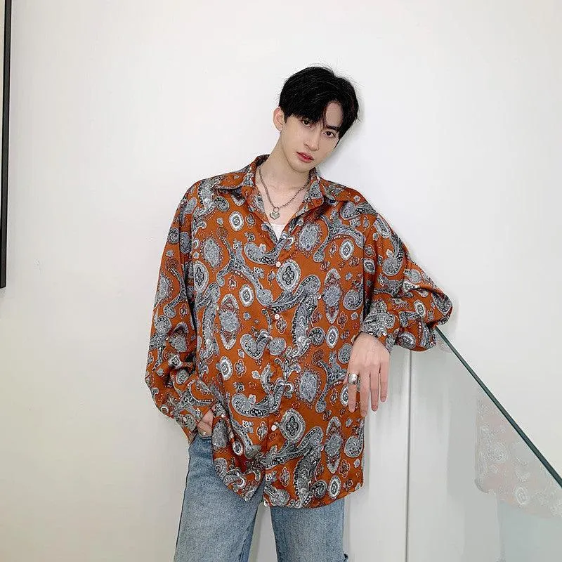Men's Totem Printing Trend Thin Shirts Slippery Tops