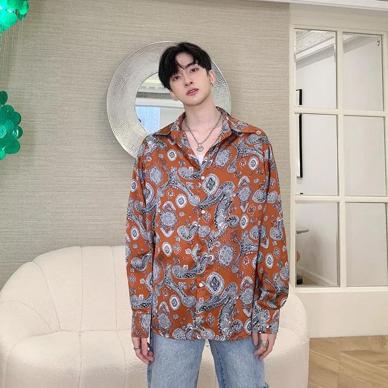 Men's Totem Printing Trend Thin Shirts Slippery Tops