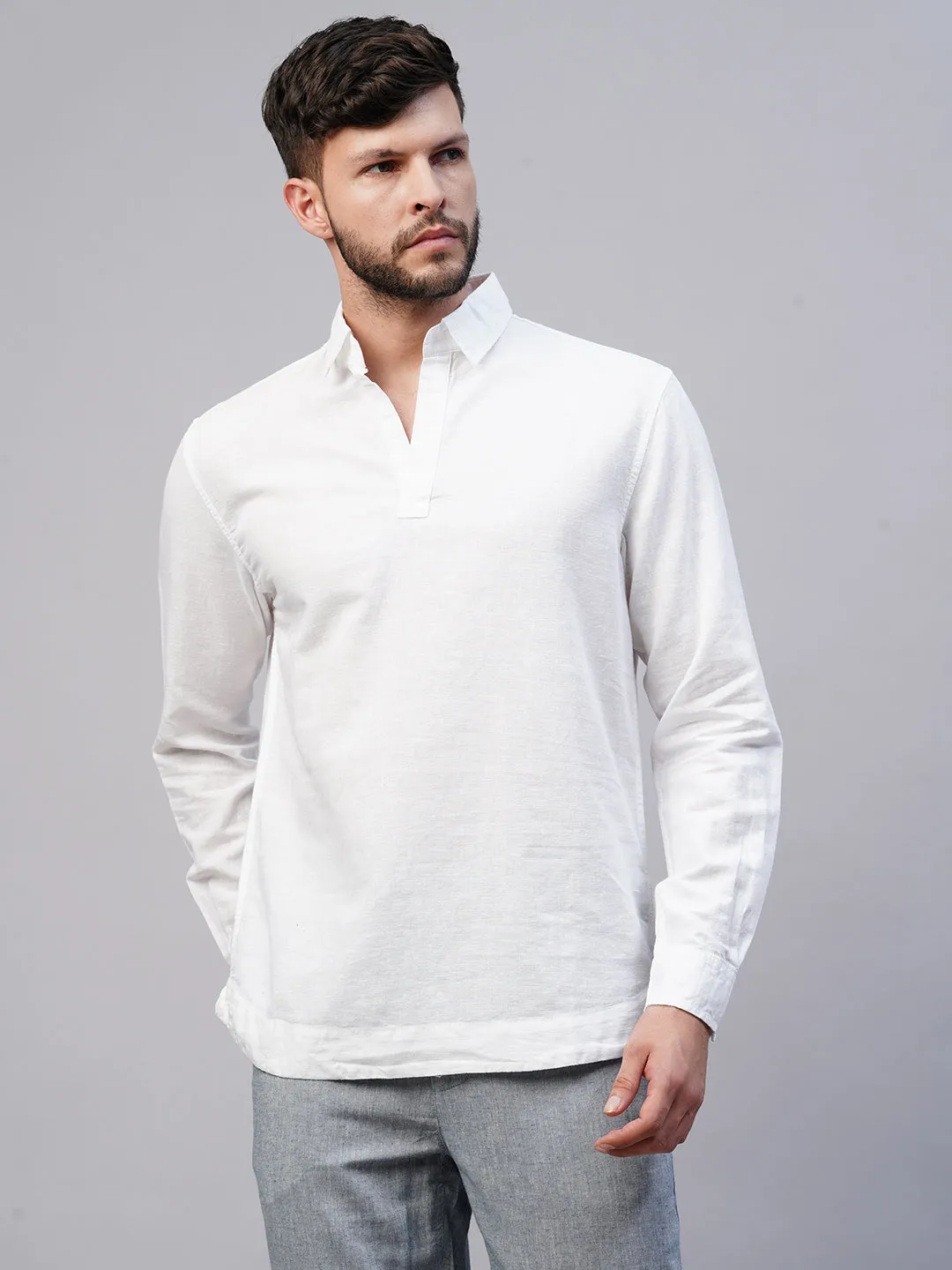 Men's White 100% Linen Regular Fit Kurta Shirt