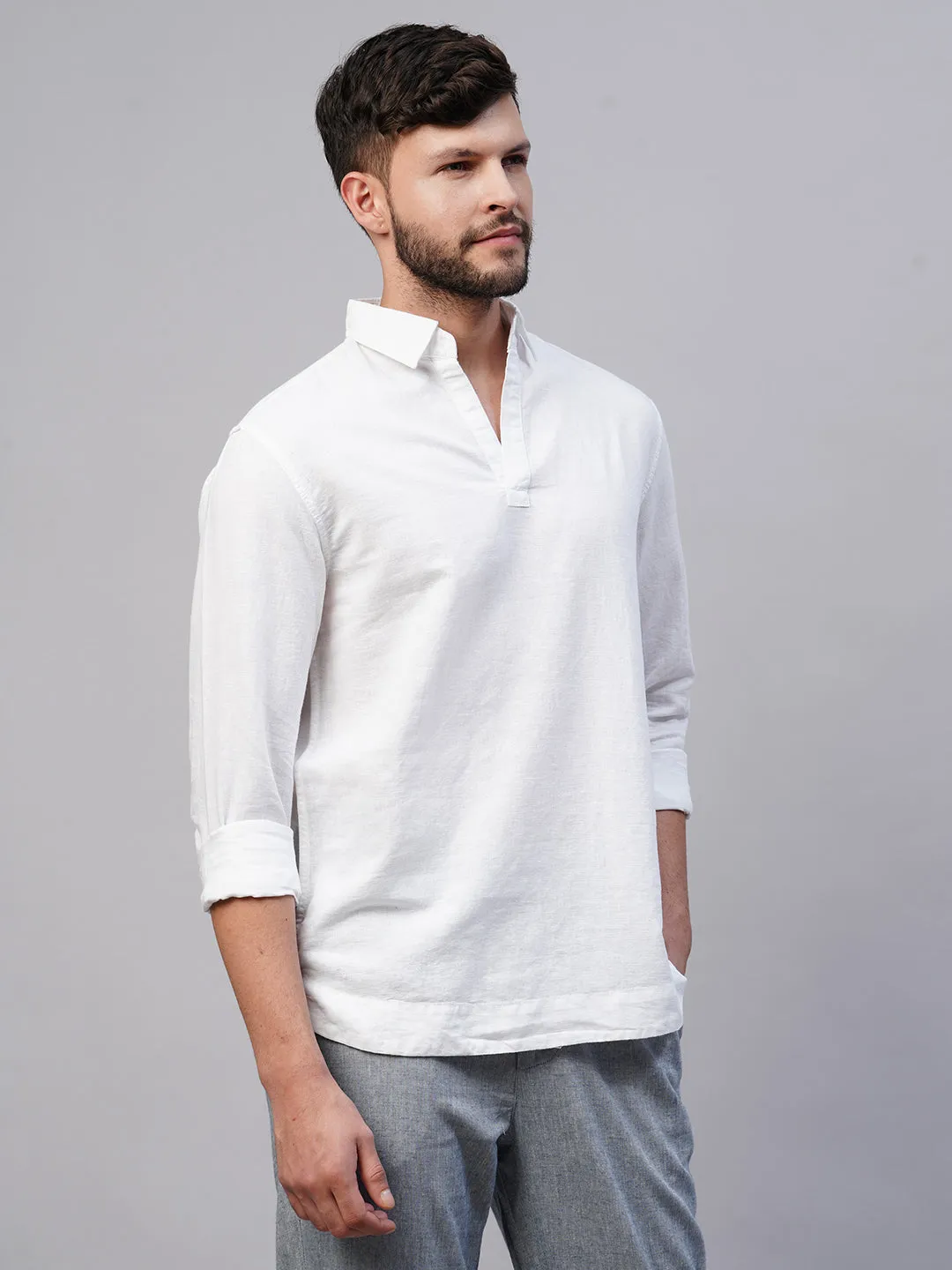Men's White 100% Linen Regular Fit Kurta Shirt