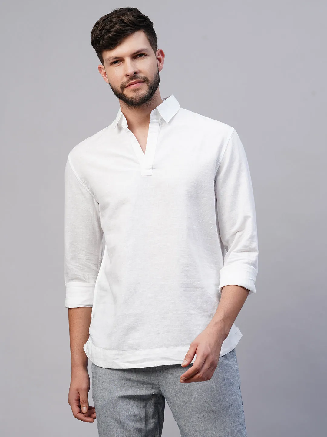 Men's White 100% Linen Regular Fit Kurta Shirt