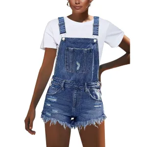 New luvamia Women's Ripped Short Overalls Adjustable Denim Bib Overall Shorts Romper Sz L Retails $89 