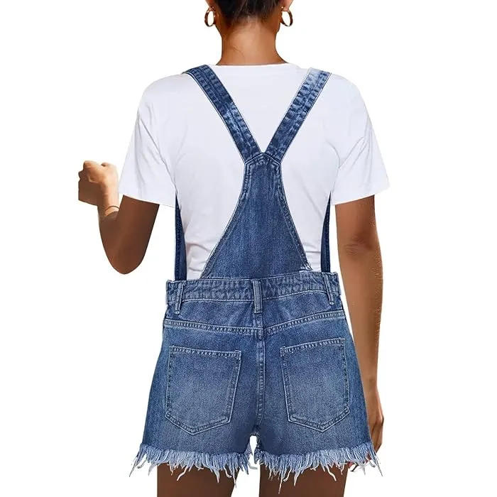 New luvamia Women's Ripped Short Overalls Adjustable Denim Bib Overall Shorts Romper Sz L Retails $89 
