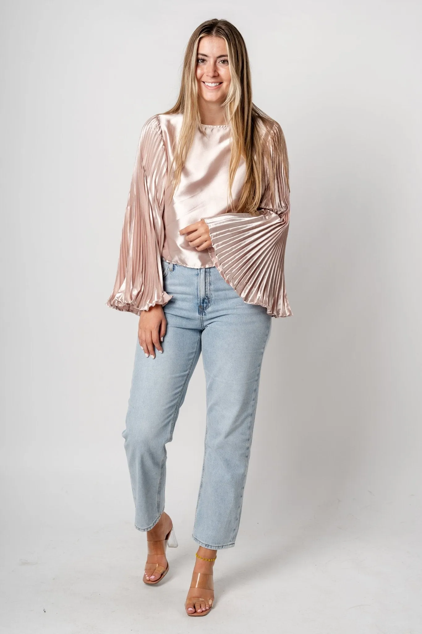Pleated satin long sleeve top champagne