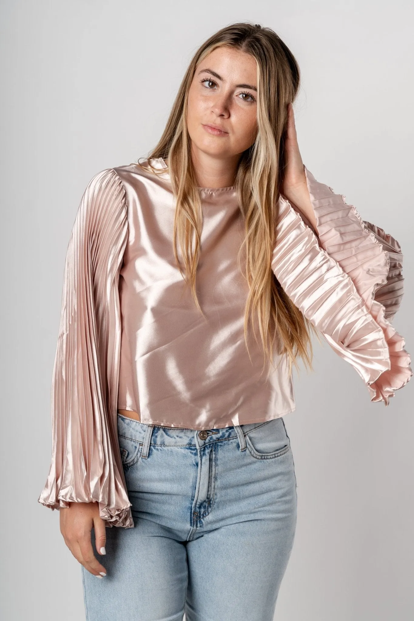 Pleated satin long sleeve top champagne
