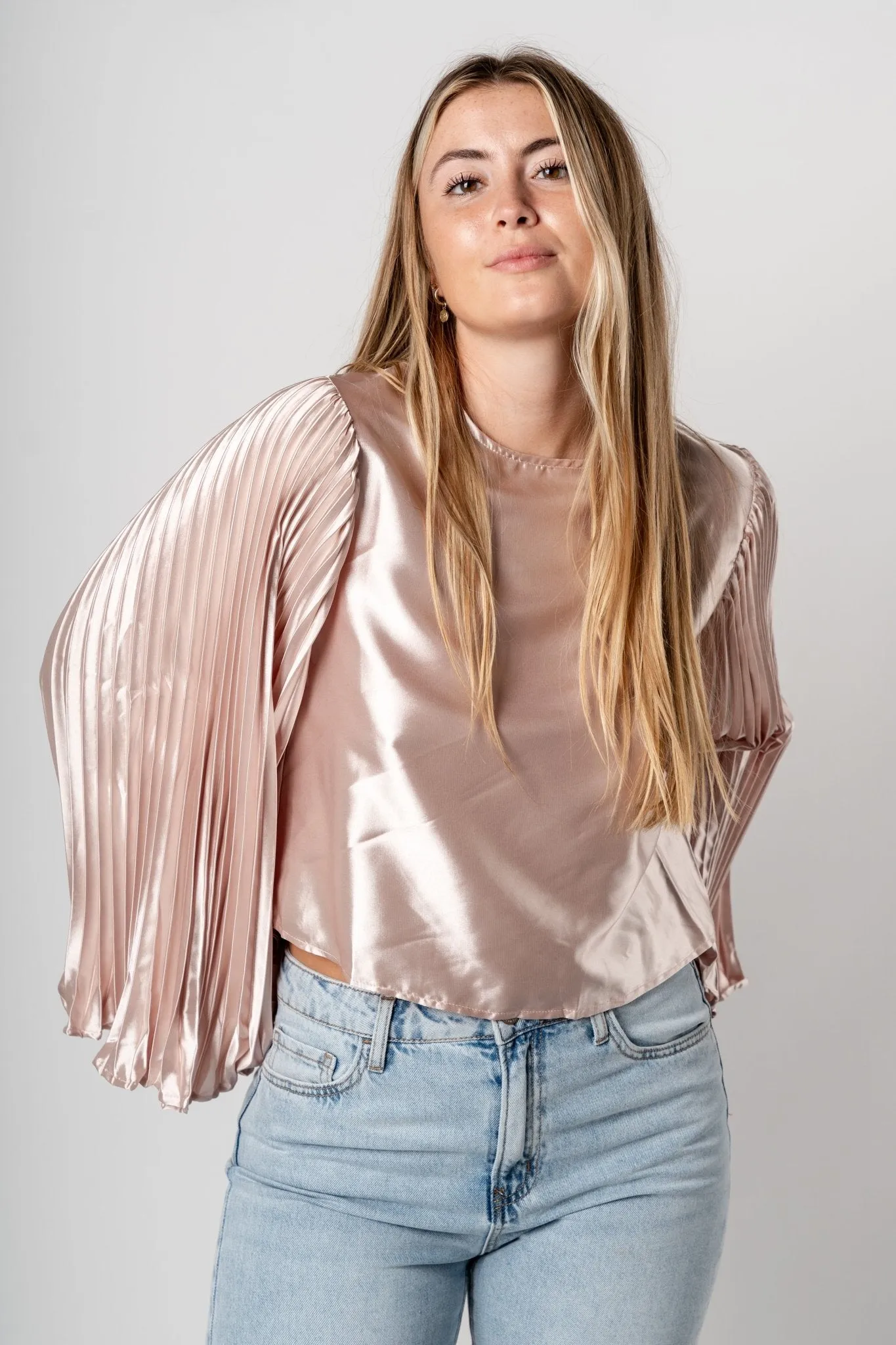 Pleated satin long sleeve top champagne