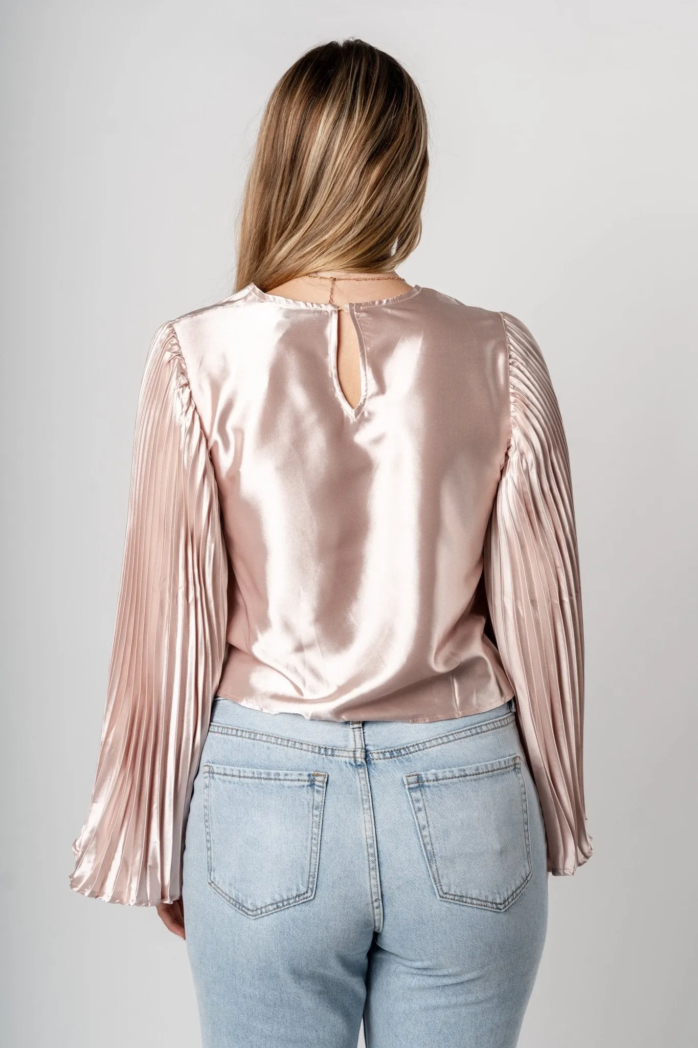 Pleated satin long sleeve top champagne