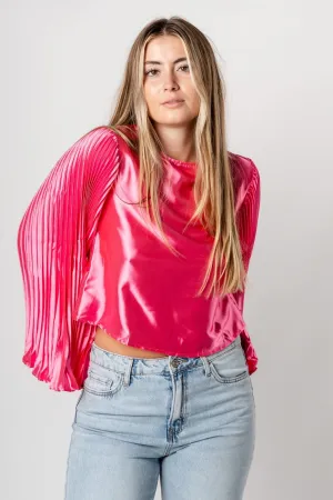 Pleated satin long sleeve top hot pink