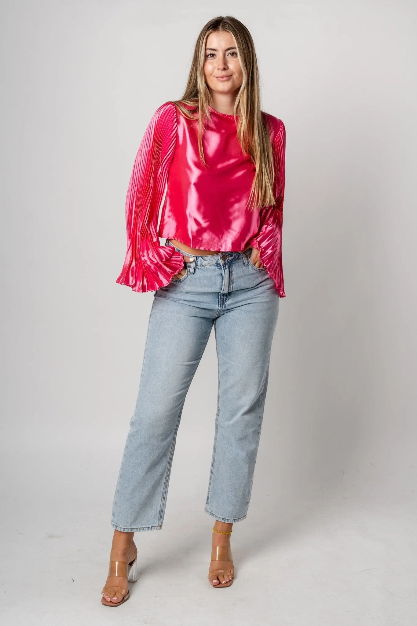 Pleated satin long sleeve top hot pink