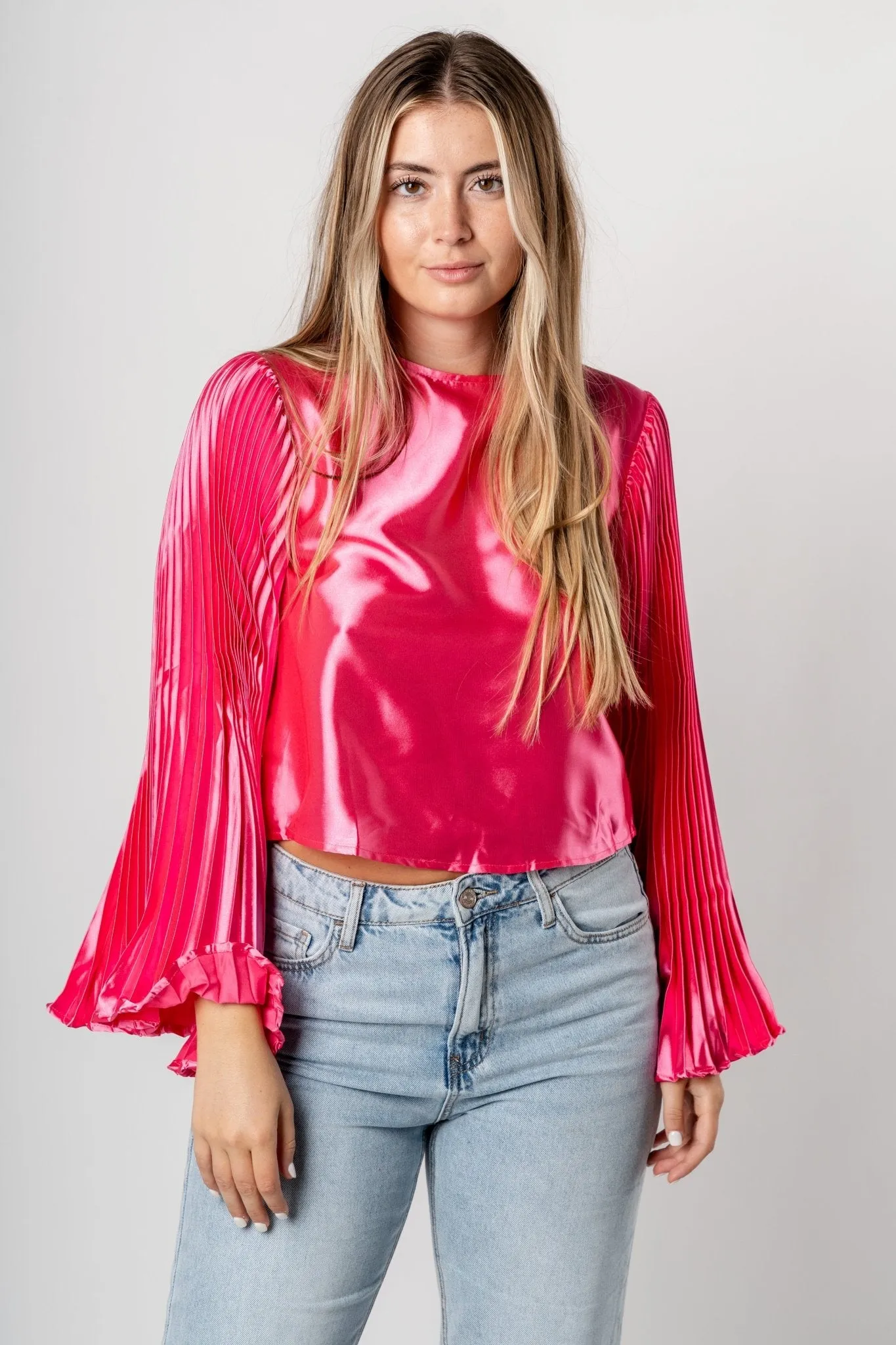 Pleated satin long sleeve top hot pink