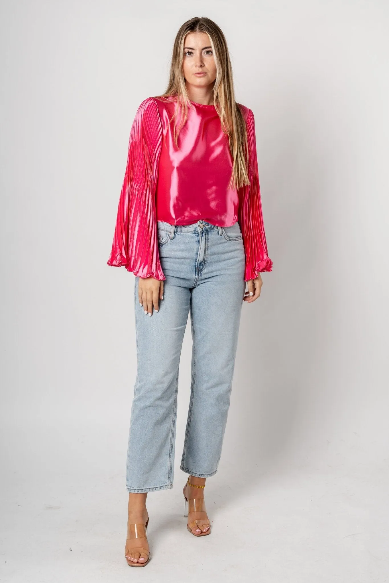 Pleated satin long sleeve top hot pink