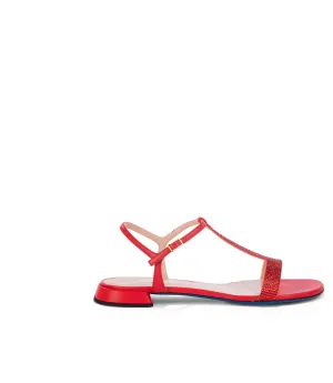 Rhinestones coral red suede sandals