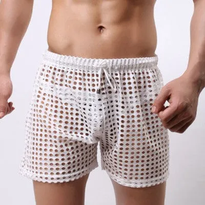 Sheer Fishnet Mesh Pink Shorts - Unisex Swim Shorts for Beach and Resort Wear