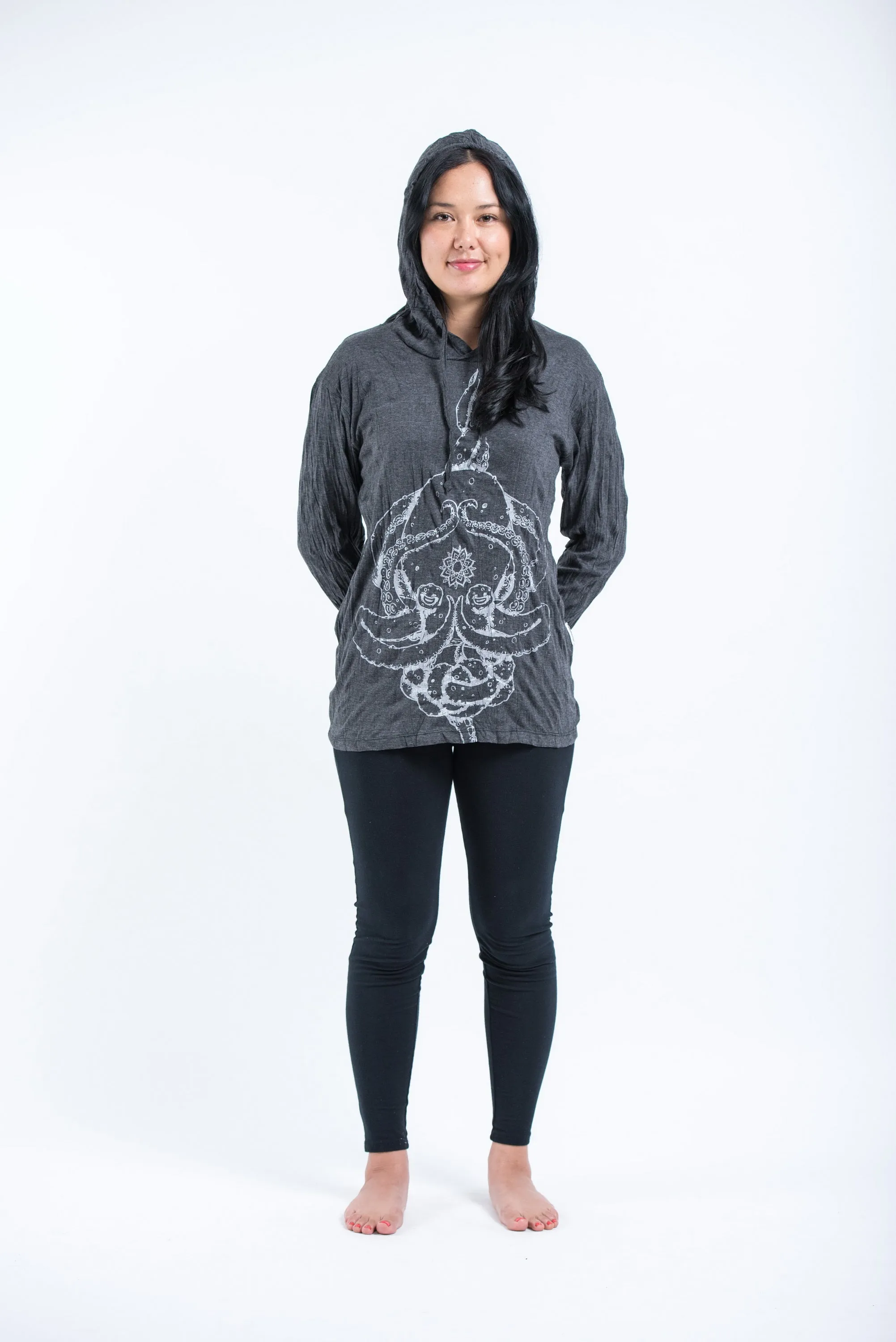 Unisex Octopus Mandala Hoodie in Silver on Black