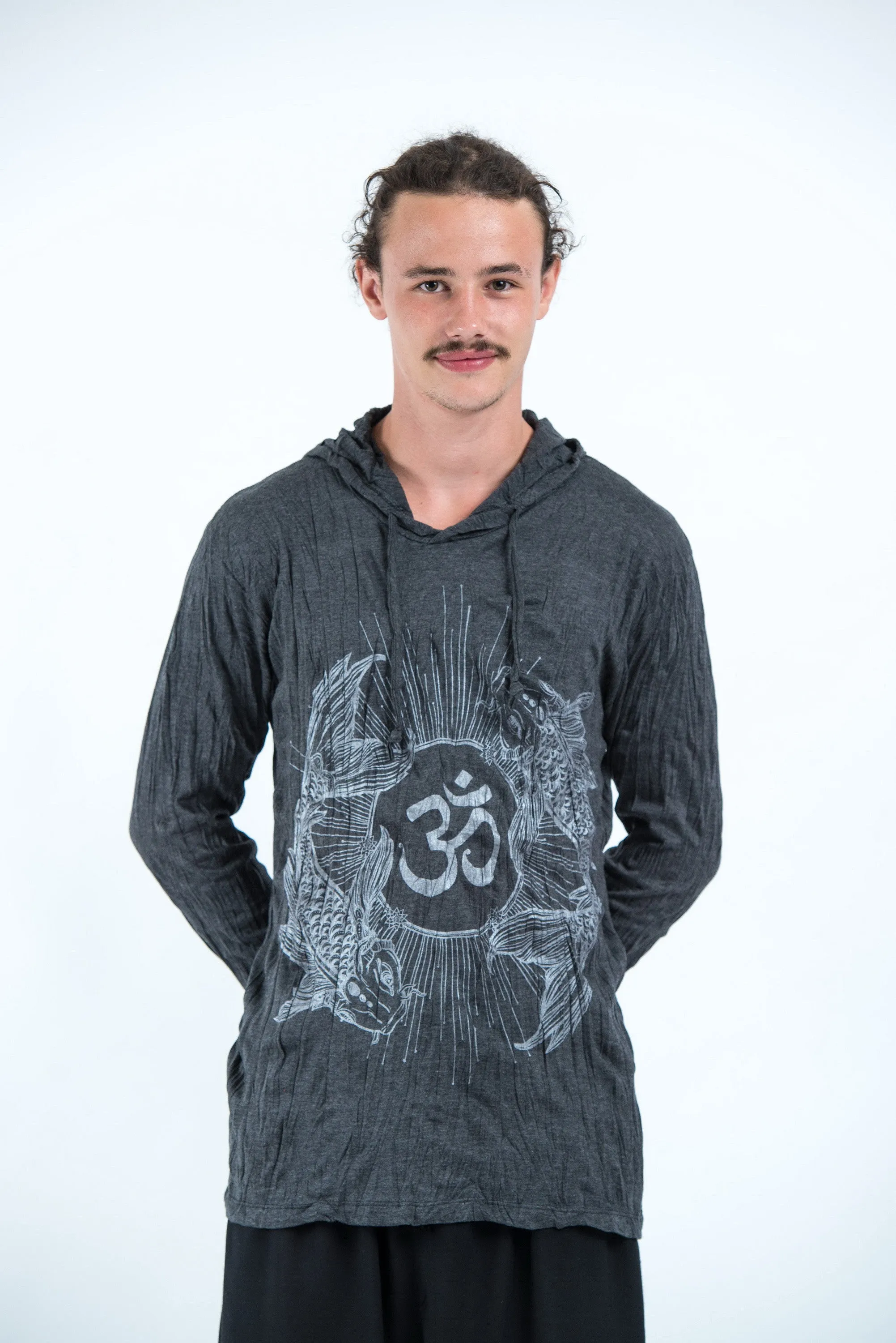 Unisex Om and Koi Fish Hoodie in Silver on Black