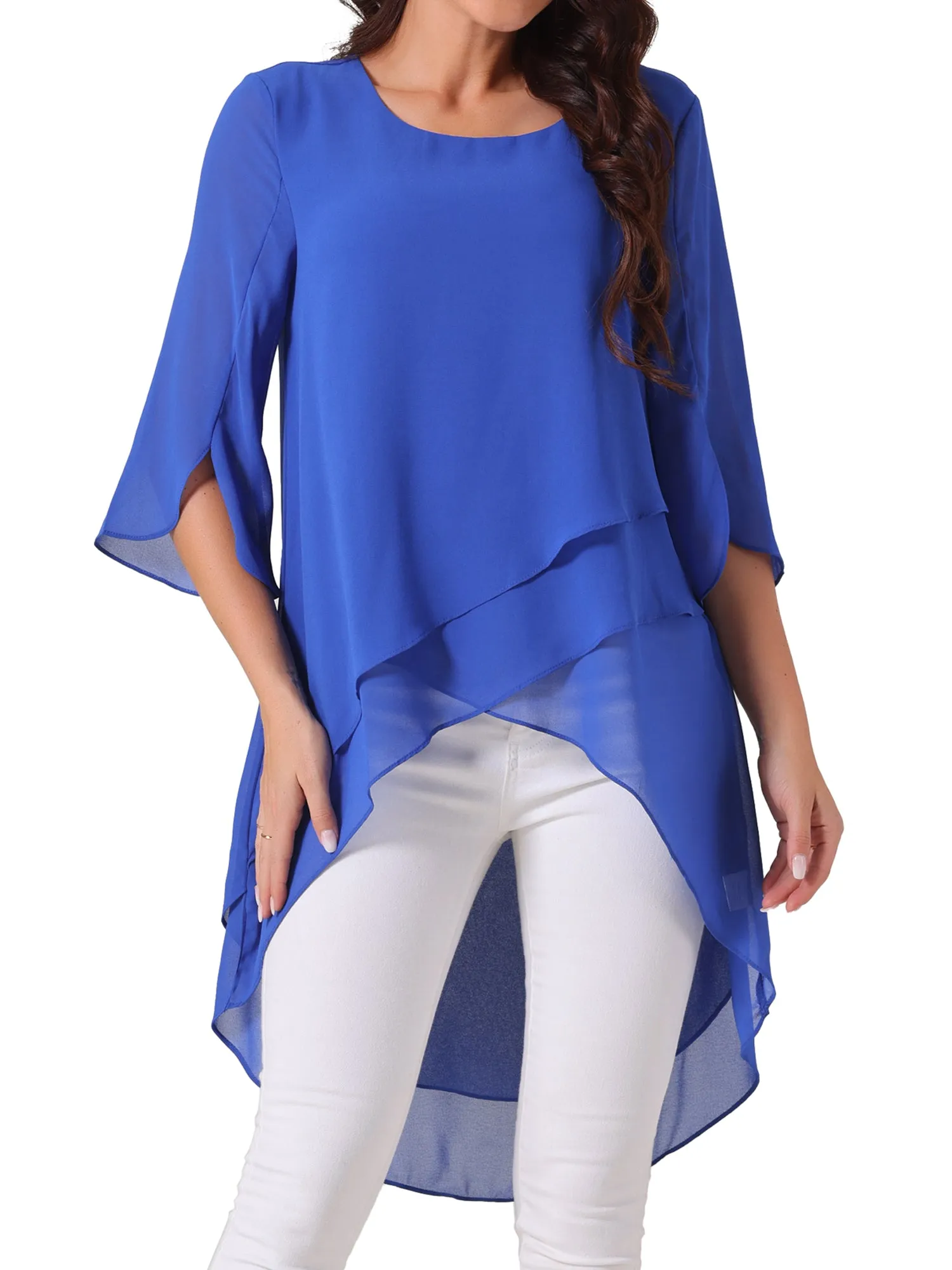 Women's 3/4 Sleeve Round Neck High Low Asymmetrical Irregular Hem Casual Tops Blouse