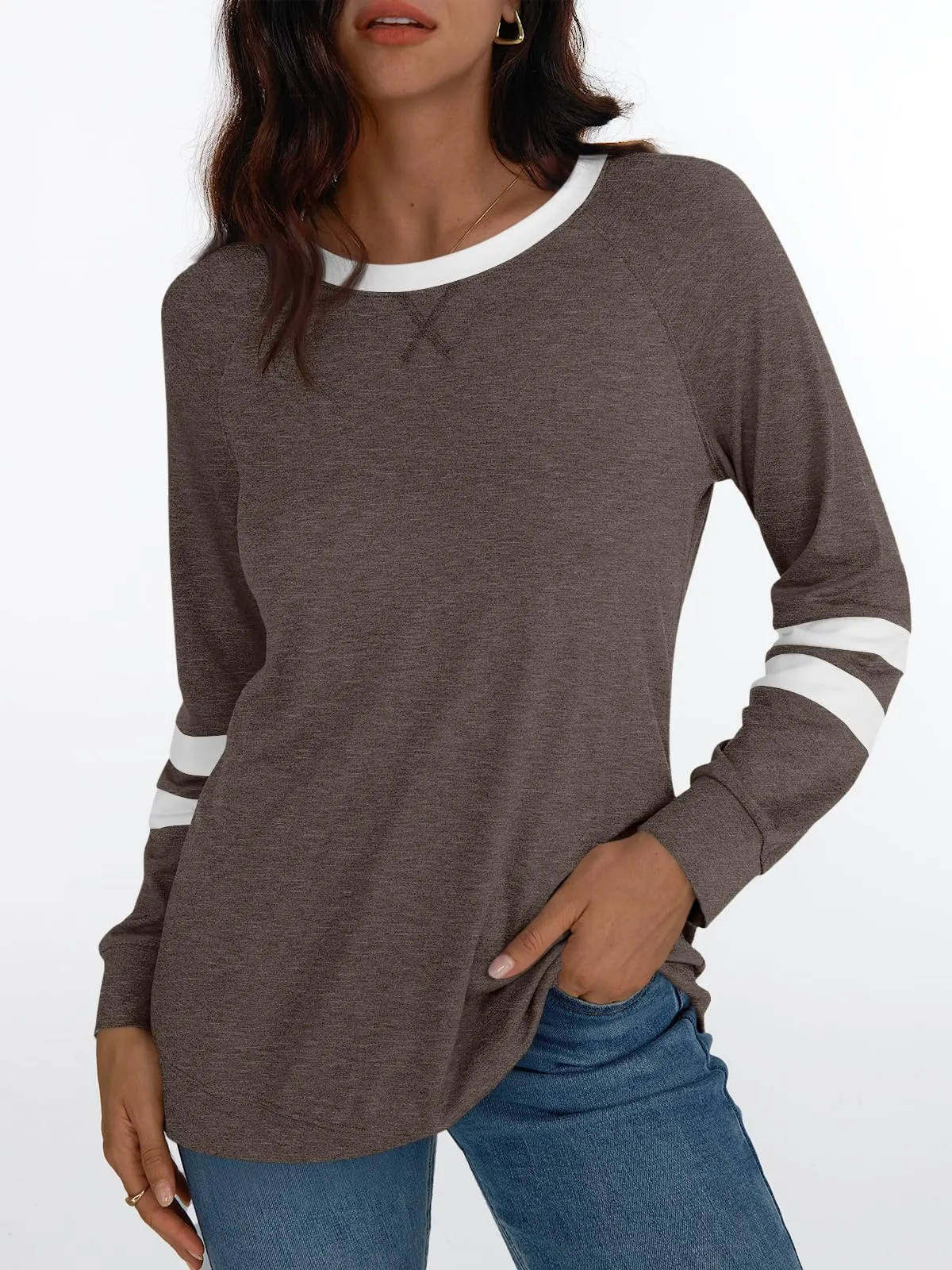 Womens Long Sleeve Shirts Color Block Casual Crewneck Tops Tshirt Basic Tees Fashion Clothes Trendy Outfits