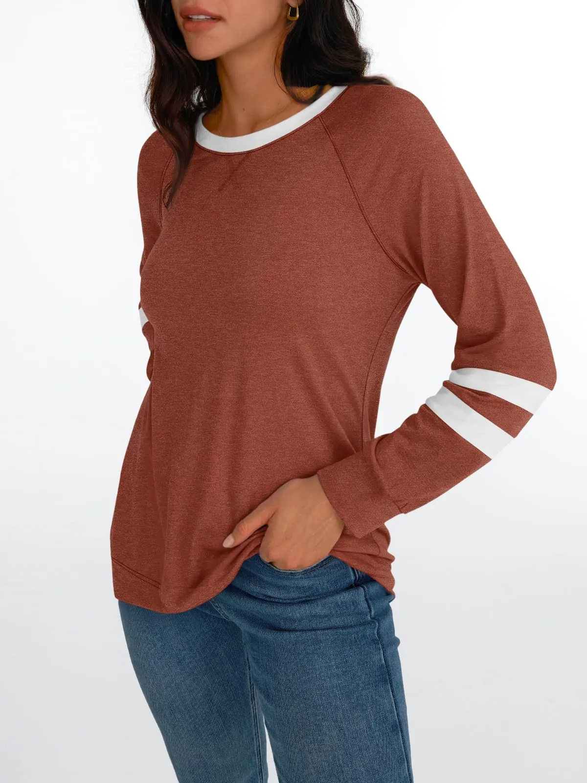 Womens Long Sleeve Shirts Color Block Casual Crewneck Tops Tshirt Basic Tees Fashion Clothes Trendy Outfits