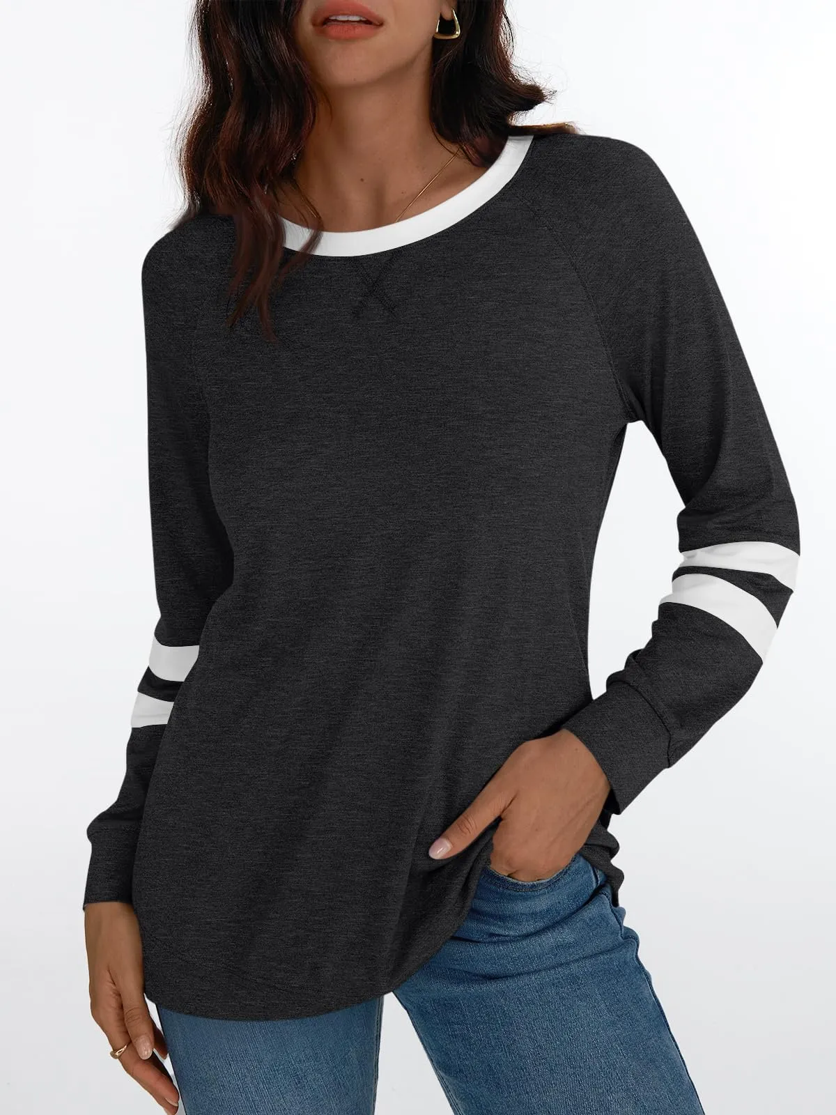 Womens Long Sleeve Shirts Color Block Casual Crewneck Tops Tshirt Basic Tees Fashion Clothes Trendy Outfits