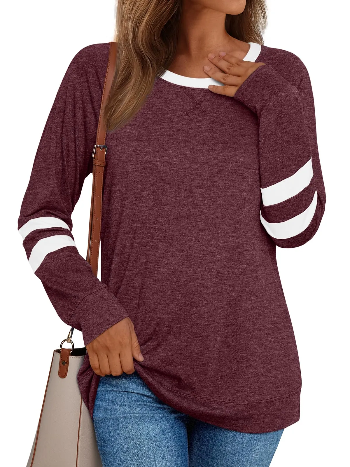 Womens Long Sleeve Shirts Color Block Casual Crewneck Tops Tshirt Basic Tees Fashion Clothes Trendy Outfits