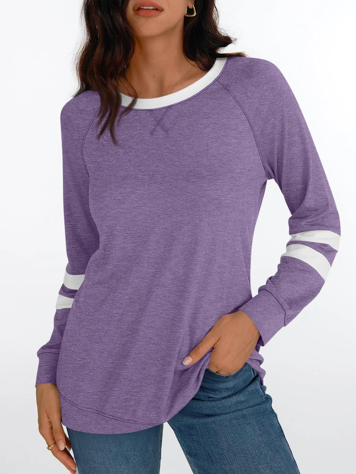 Womens Long Sleeve Shirts Color Block Casual Crewneck Tops Tshirt Basic Tees Fashion Clothes Trendy Outfits