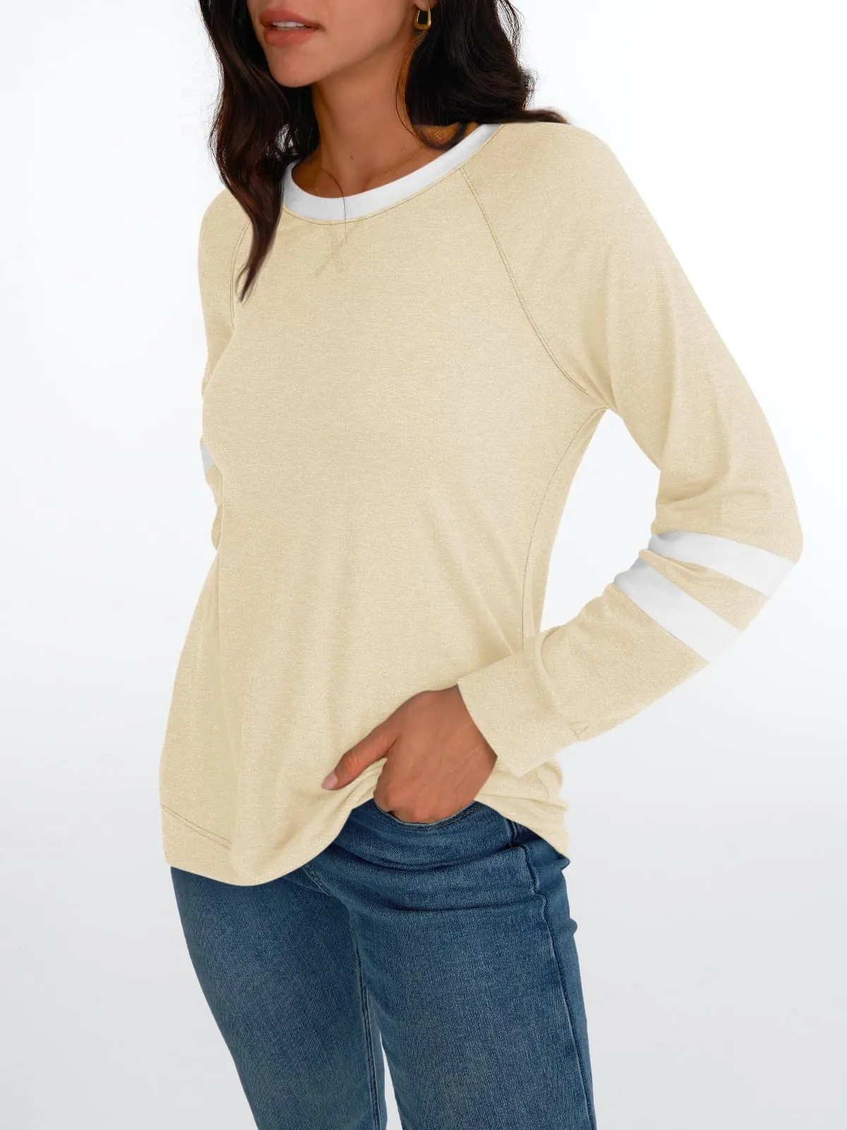 Womens Long Sleeve Shirts Color Block Casual Crewneck Tops Tshirt Basic Tees Fashion Clothes Trendy Outfits