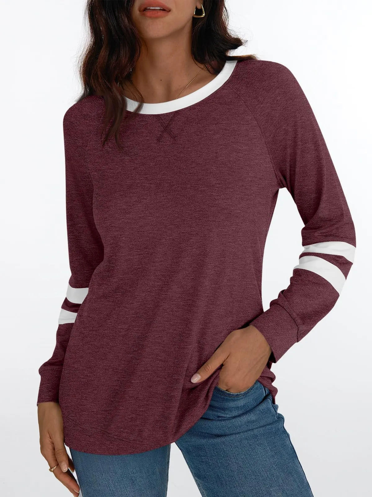 Womens Long Sleeve Shirts Color Block Casual Crewneck Tops Tshirt Basic Tees Fashion Clothes Trendy Outfits