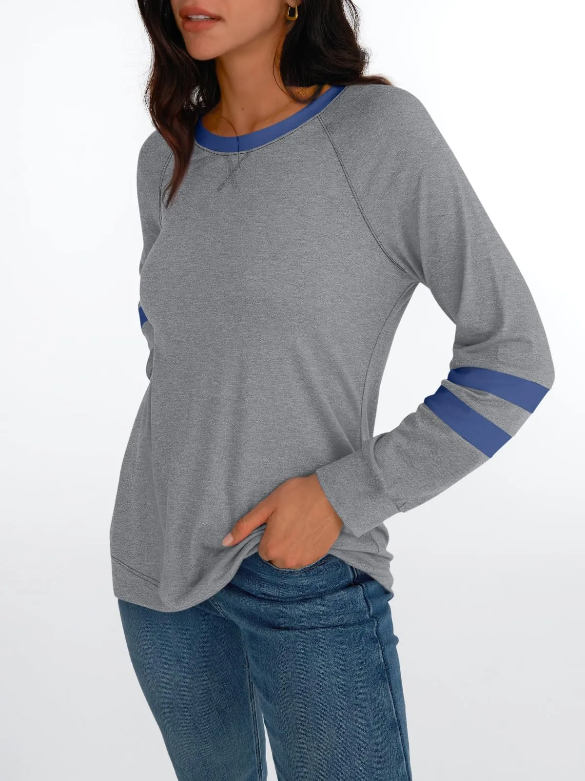 Womens Long Sleeve Shirts Color Block Casual Crewneck Tops Tshirt Basic Tees Fashion Clothes Trendy Outfits